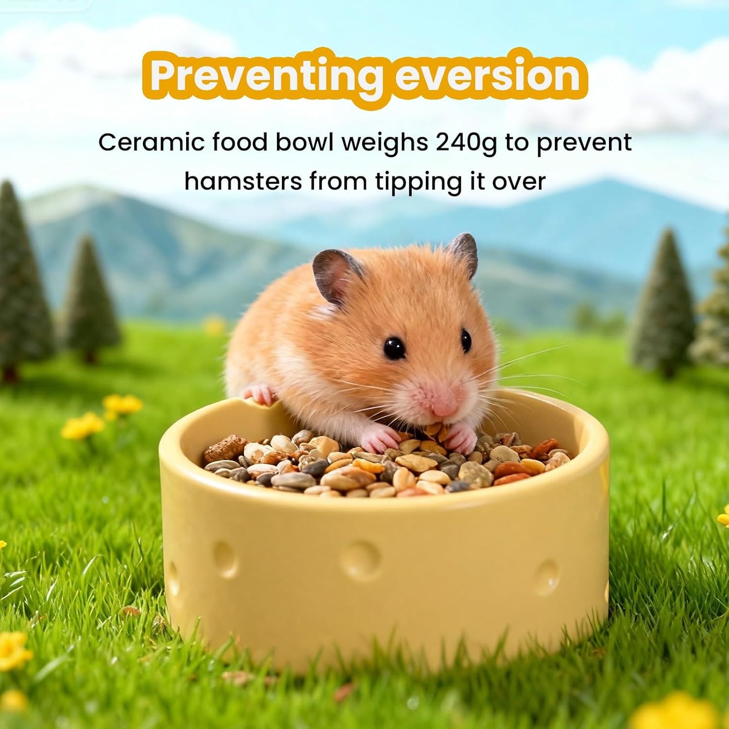 Ceramic Hamster Water Bottle with Stand and Food Bowl Set, Anti Flipping Food Dish and Water Dispenser for Dwarf Hamster Gerbils Syrian Hamster Mice Rats Accessories for Cages (Yellow)