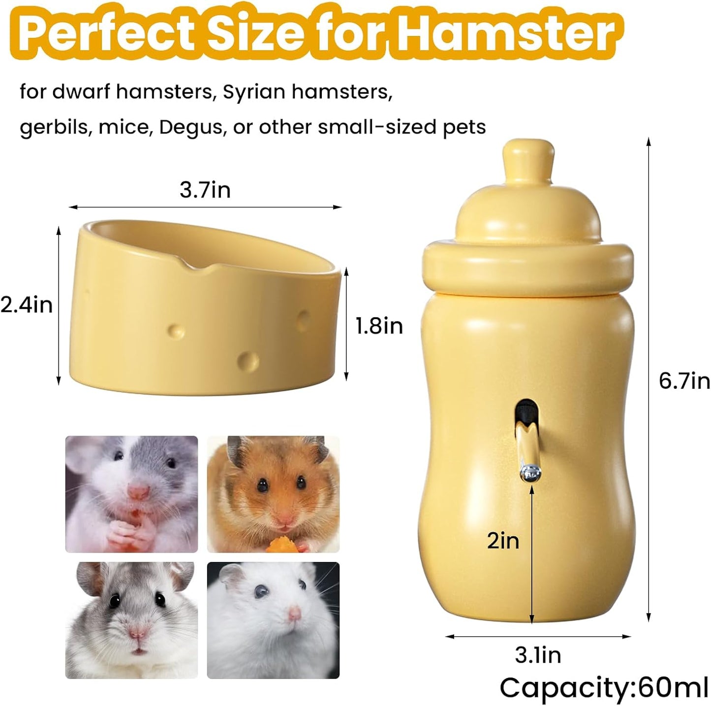 Ceramic Hamster Water Bottle with Stand and Food Bowl Set, Anti Flipping Food Dish and Water Dispenser for Dwarf Hamster Gerbils Syrian Hamster Mice Rats Accessories for Cages (Yellow)