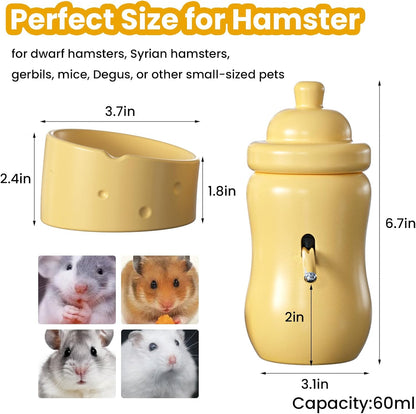 Ceramic Hamster Water Bottle with Stand and Food Bowl Set, Anti Flipping Food Dish and Water Dispenser for Dwarf Hamster Gerbils Syrian Hamster Mice Rats Accessories for Cages (Yellow)