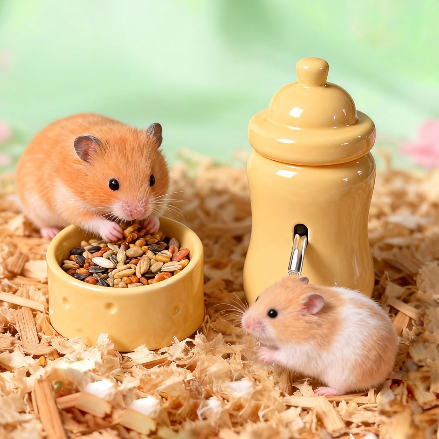 Ceramic Hamster Water Bottle with Stand and Food Bowl Set, Anti Flipping Food Dish and Water Dispenser for Dwarf Hamster Gerbils Syrian Hamster Mice Rats Accessories for Cages (Yellow)
