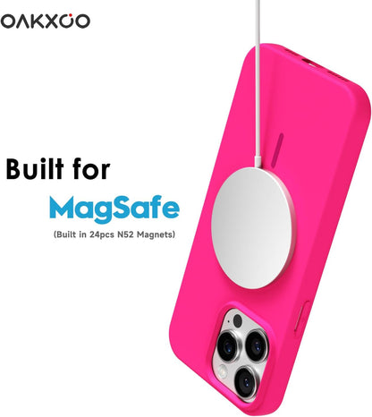 for iPhone 14 Pro Max Case Silicone Mag Safe, Magnetic Slim Thin Phone Case Compatible with Magsafe Wireless Charging, Cute Girly Bright Fluorescent Rubber Gel for Women Girls, Neon Hot Pink
