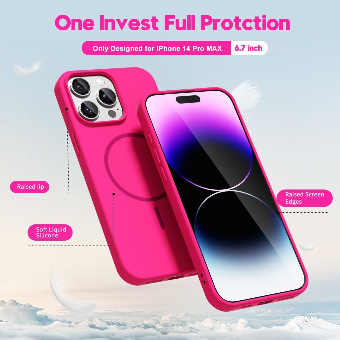 for iPhone 14 Pro Max Case Silicone Mag Safe, Magnetic Slim Thin Phone Case Compatible with Magsafe Wireless Charging, Cute Girly Bright Fluorescent Rubber Gel for Women Girls, Neon Hot Pink