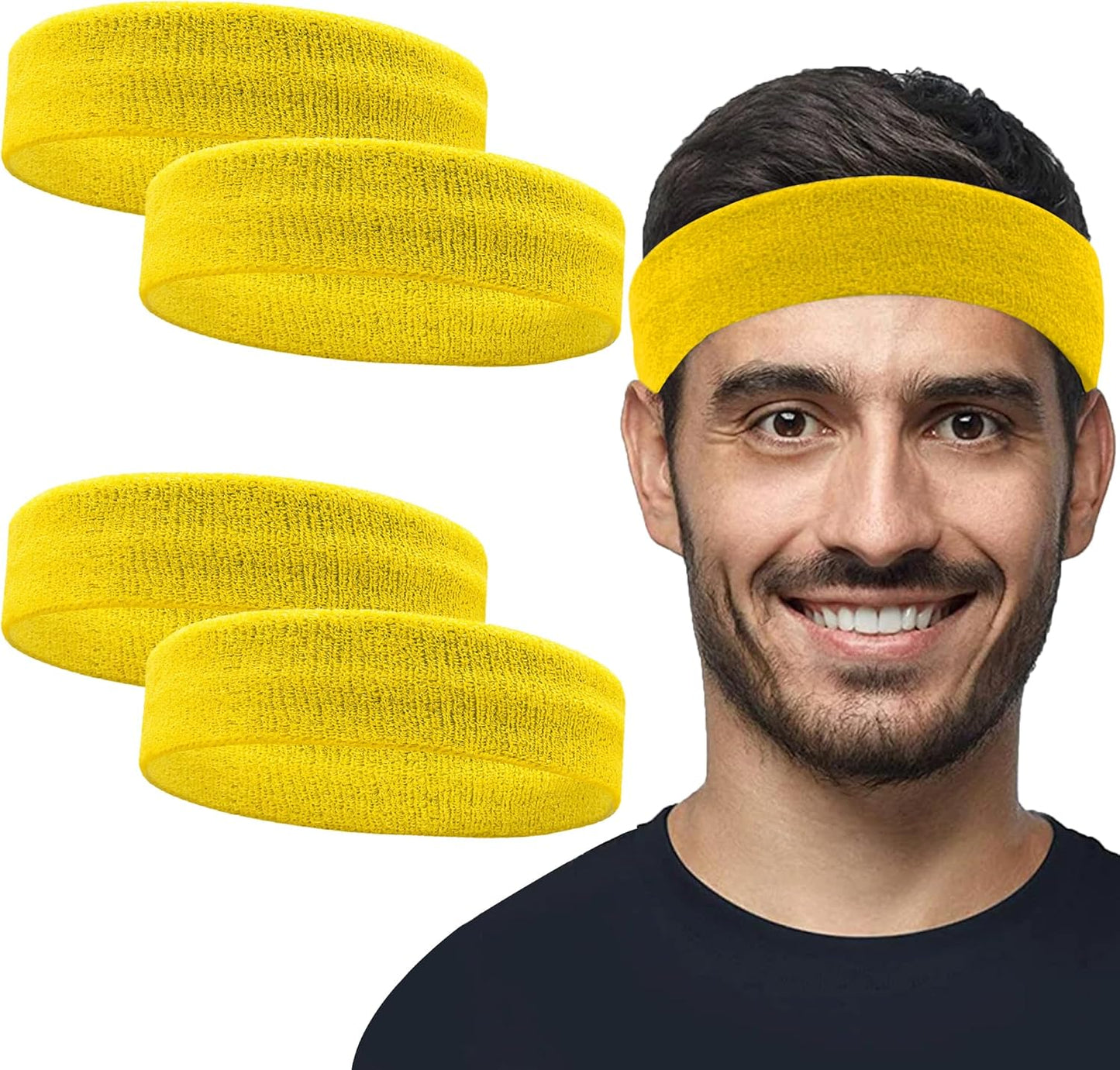 4 Pack Sweatbands Sports Headband for Men Women Moisture Wicking Athletic Cotton Terry Cloth Sweatband Sweat Bands Headbands for Tennis,Basketball,Pickleball,Running,Gym,Working Out -Black