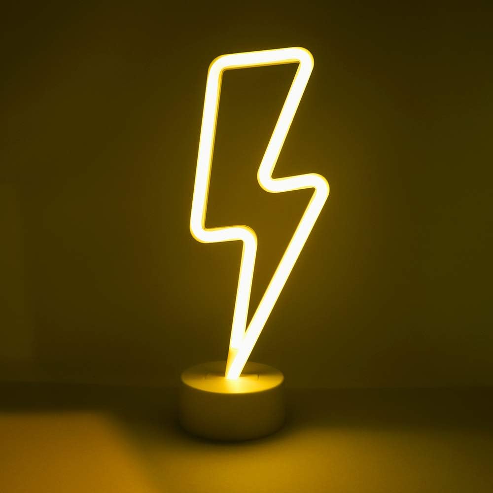 11.75” x 4.35” LED Neon Yellow Lightning Bolt Tabletop Lamp, White Base, Night Light, for Bedroom Décor & Party; Battery Powered (Batteries Not Included) (Yellow Lightning Bolt)