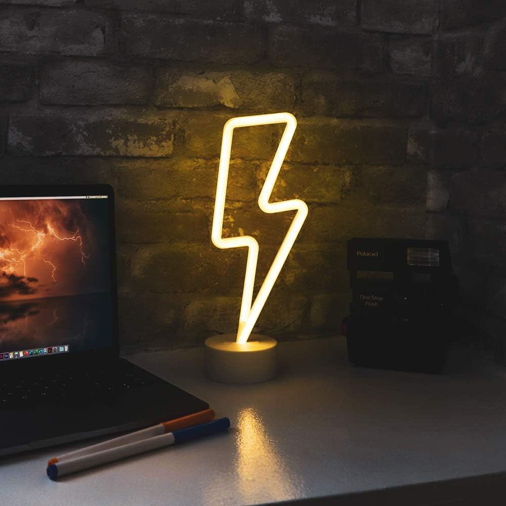 11.75” x 4.35” LED Neon Yellow Lightning Bolt Tabletop Lamp, White Base, Night Light, for Bedroom Décor & Party; Battery Powered (Batteries Not Included) (Yellow Lightning Bolt)