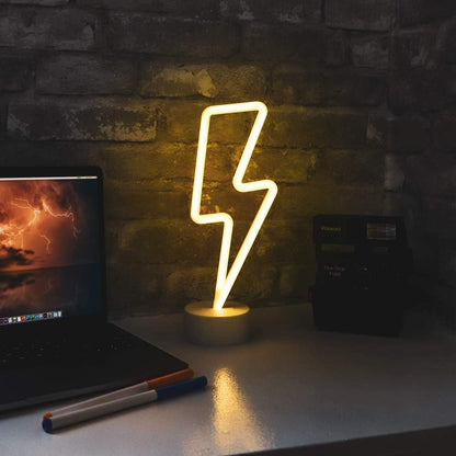 11.75” x 4.35” LED Neon Yellow Lightning Bolt Tabletop Lamp, White Base, Night Light, for Bedroom Décor & Party; Battery Powered (Batteries Not Included) (Yellow Lightning Bolt)
