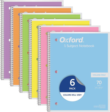 Spiral Notebook, 1 Subject, College Ruled Paper, 8 x 10-1/2 Inch, Pastel Pink, Orange, Yellow, Green, Blue and Purple, 70 Sheets (63756), Set of 6