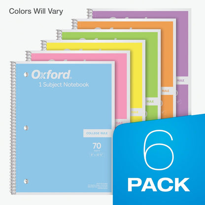Spiral Notebook, 1 Subject, College Ruled Paper, 8 x 10-1/2 Inch, Pastel Pink, Orange, Yellow, Green, Blue and Purple, 70 Sheets (63756), Set of 6