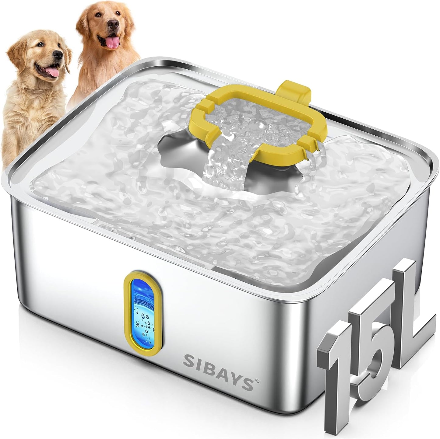 4Gal/15L Stainless Steel Large Dog Water Fountain, Ultra Quiet Automatic Pet Water Fountain, Dog Water Bowl Dispenser with Water Level Window and LED Light, Easy to Clean(FS78, Silver-Yellow)