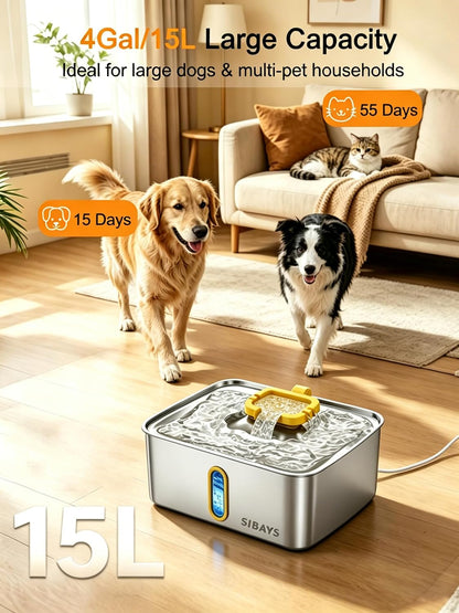 4Gal/15L Stainless Steel Large Dog Water Fountain, Ultra Quiet Automatic Pet Water Fountain, Dog Water Bowl Dispenser with Water Level Window and LED Light, Easy to Clean(FS78, Silver-Yellow)
