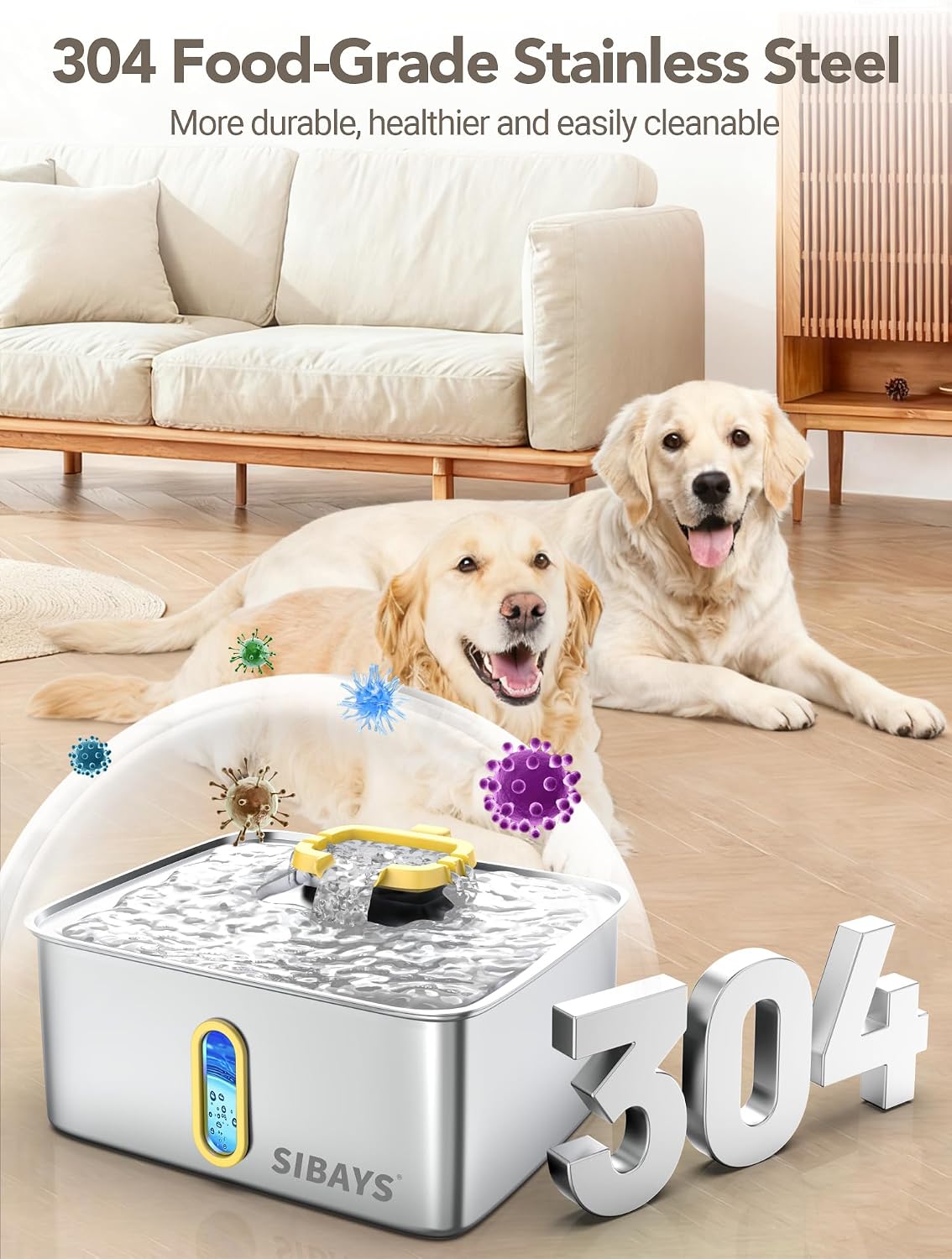4Gal/15L Stainless Steel Large Dog Water Fountain, Ultra Quiet Automatic Pet Water Fountain, Dog Water Bowl Dispenser with Water Level Window and LED Light, Easy to Clean(FS78, Silver-Yellow)