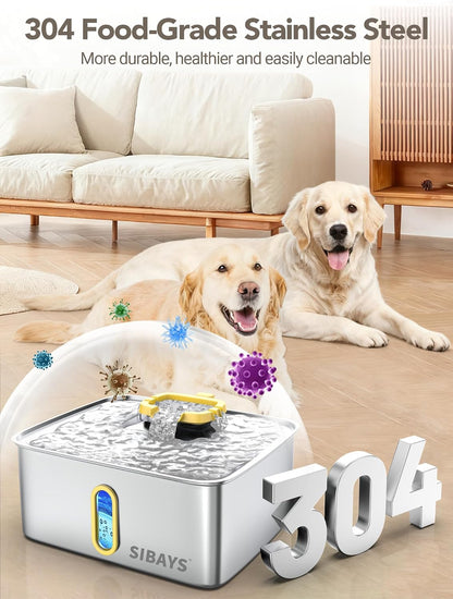 4Gal/15L Stainless Steel Large Dog Water Fountain, Ultra Quiet Automatic Pet Water Fountain, Dog Water Bowl Dispenser with Water Level Window and LED Light, Easy to Clean(FS78, Silver-Yellow)