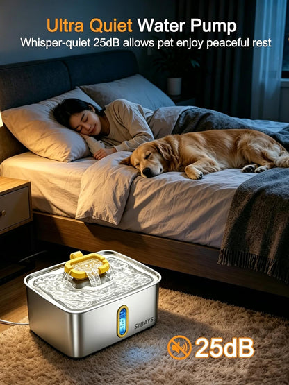 4Gal/15L Stainless Steel Large Dog Water Fountain, Ultra Quiet Automatic Pet Water Fountain, Dog Water Bowl Dispenser with Water Level Window and LED Light, Easy to Clean(FS78, Silver-Yellow)