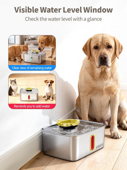 4Gal/15L Stainless Steel Large Dog Water Fountain, Ultra Quiet Automatic Pet Water Fountain, Dog Water Bowl Dispenser with Water Level Window and LED Light, Easy to Clean(FS78, Silver-Yellow)