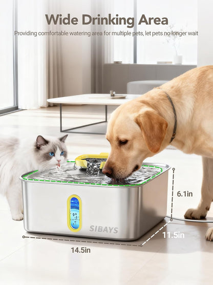 4Gal/15L Stainless Steel Large Dog Water Fountain, Ultra Quiet Automatic Pet Water Fountain, Dog Water Bowl Dispenser with Water Level Window and LED Light, Easy to Clean(FS78, Silver-Yellow)