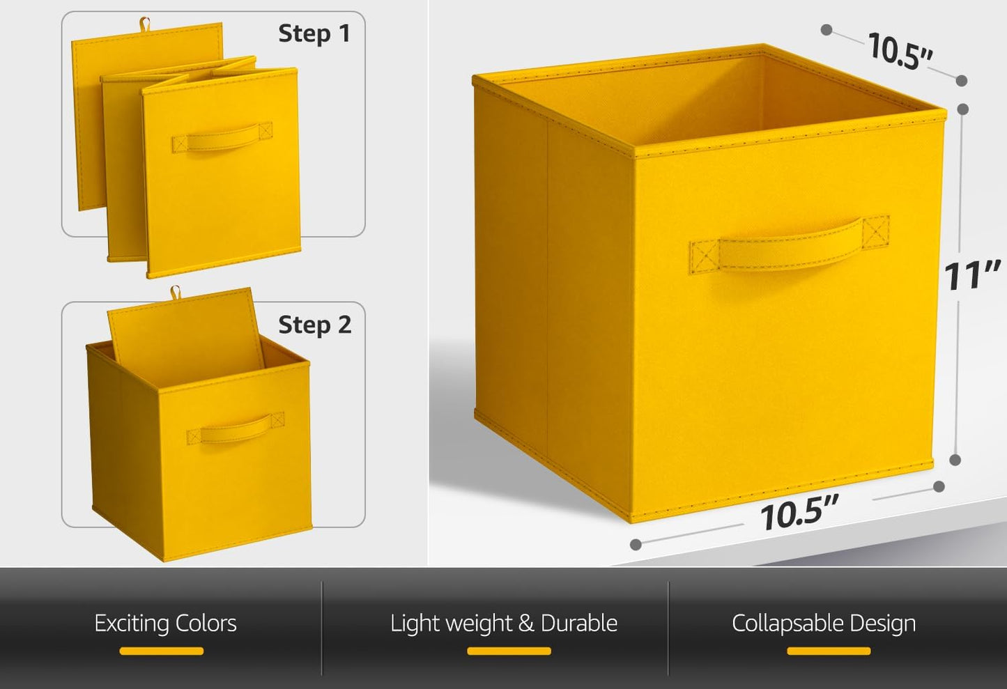Foldable Storage Cubes - 6 Fabric Baskets for Organizing Pantry, Shelf, Toy Box, Cubby, Closet Organizer - 11 Inch Collapsible Closet Organizers and Storage Bins (Dark Yellow 6 Pack)