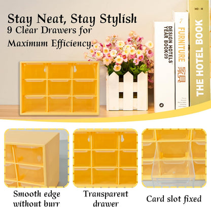 Small Drawer Organizer for Desk, 7.1" x 3.8" x 4.6" Mini Desktop Drawer Organizer with 9 Clear Drawers, Compact Craft & Office Supplies Organizer for Home School (Yellow)
