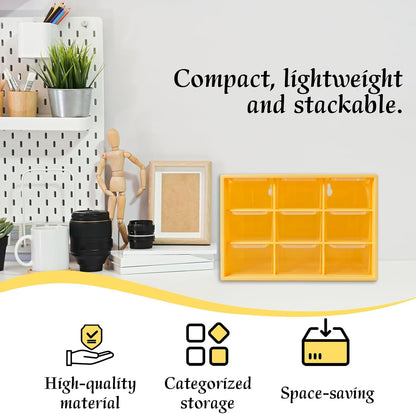 Small Drawer Organizer for Desk, 7.1" x 3.8" x 4.6" Mini Desktop Drawer Organizer with 9 Clear Drawers, Compact Craft & Office Supplies Organizer for Home School (Yellow)