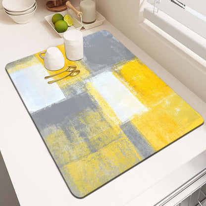 Yellow Dish Drying Mat for Kitchen Counter, Grey Dish Drying Pad with Anti-Slip Rubber Base, Absorbent Kitchen Sink Mat with Abstract Art Decor (1 pc 18" x 16")