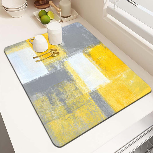 Yellow Dish Drying Mat for Kitchen Counter, Grey Dish Drying Pad with Anti-Slip Rubber Base, Absorbent Kitchen Sink Mat with Abstract Art Decor (1 pc 18" x 16")