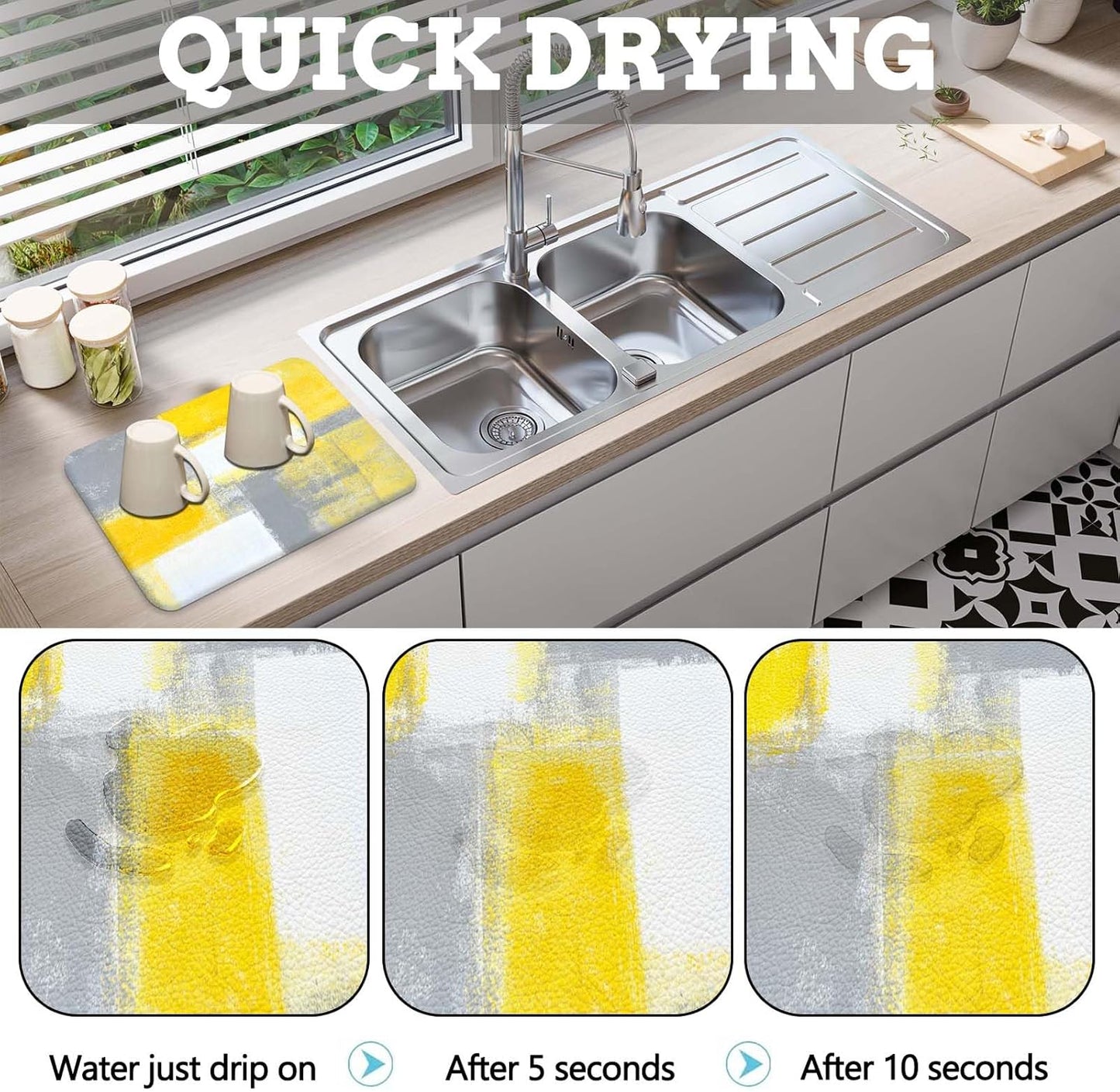 Yellow Dish Drying Mat for Kitchen Counter, Grey Dish Drying Pad with Anti-Slip Rubber Base, Absorbent Kitchen Sink Mat with Abstract Art Decor (1 pc 18" x 16")