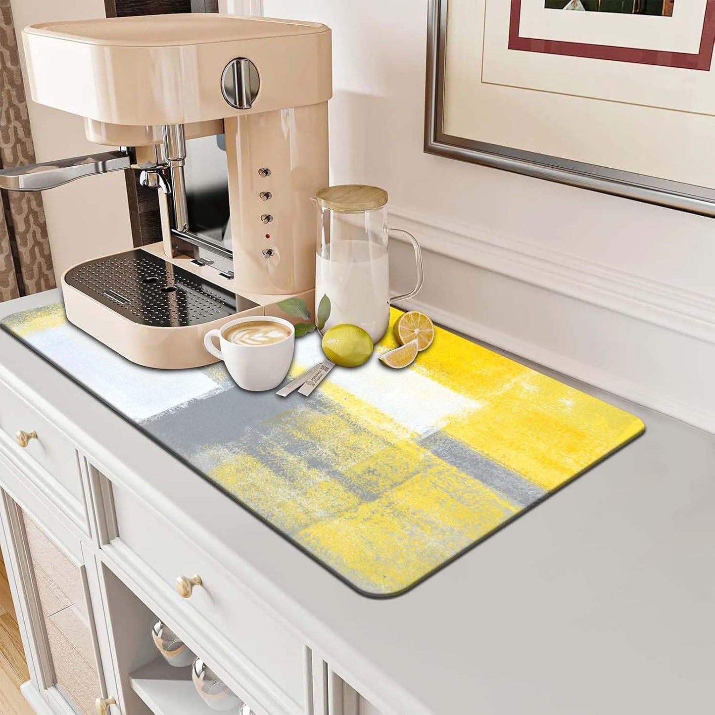 Yellow Dish Drying Mat for Kitchen Counter, Grey Dish Drying Pad with Anti-Slip Rubber Base, Absorbent Kitchen Sink Mat with Abstract Art Decor (1 pc 18" x 16")
