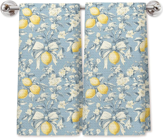 Blue Coquette Bow Flower Lemon Kitchen Towels Set of 2, Vintage Rustic Lemon Dish Tea Towels for Kitchen Decor, Cottagecore Shabby Chic Floral Hand Towels for Bathroom Decor, 16x24 Inch