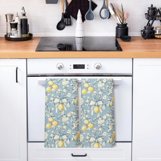 Blue Coquette Bow Flower Lemon Kitchen Towels Set of 2, Vintage Rustic Lemon Dish Tea Towels for Kitchen Decor, Cottagecore Shabby Chic Floral Hand Towels for Bathroom Decor, 16x24 Inch