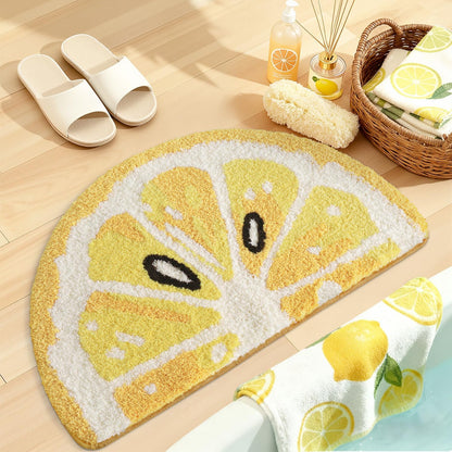Cute Bathroom Rugs Half Round, Funny Fruits Absorbent Bath Mat Non Slip Washable, Extra Soft Plush Microfiber Bathmat for Shower Floor, Tub, Sink, Bedroom, 32x20, Lemon
