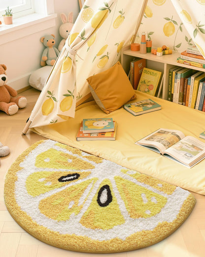 Cute Bathroom Rugs Half Round, Funny Fruits Absorbent Bath Mat Non Slip Washable, Extra Soft Plush Microfiber Bathmat for Shower Floor, Tub, Sink, Bedroom, 32x20, Lemon