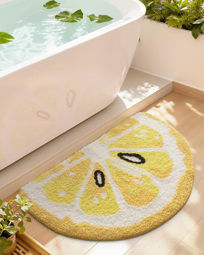 Cute Bathroom Rugs Half Round, Funny Fruits Absorbent Bath Mat Non Slip Washable, Extra Soft Plush Microfiber Bathmat for Shower Floor, Tub, Sink, Bedroom, 32x20, Lemon