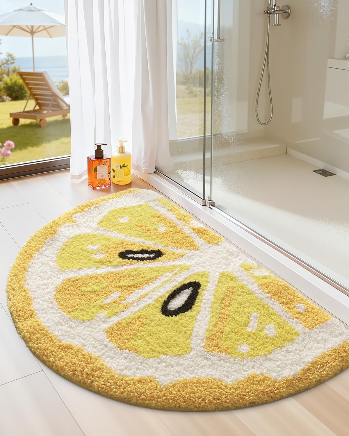 Cute Bathroom Rugs Half Round, Funny Fruits Absorbent Bath Mat Non Slip Washable, Extra Soft Plush Microfiber Bathmat for Shower Floor, Tub, Sink, Bedroom, 32x20, Lemon
