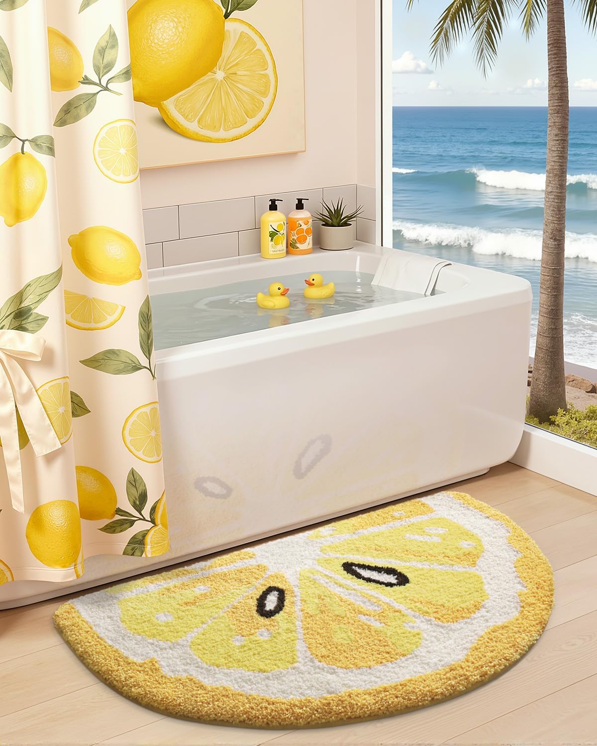 Cute Bathroom Rugs Half Round, Funny Fruits Absorbent Bath Mat Non Slip Washable, Extra Soft Plush Microfiber Bathmat for Shower Floor, Tub, Sink, Bedroom, 32x20, Lemon