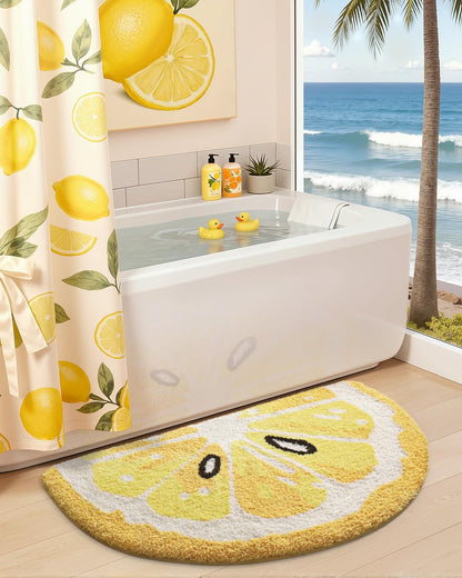 Cute Bathroom Rugs Half Round, Funny Fruits Absorbent Bath Mat Non Slip Washable, Extra Soft Plush Microfiber Bathmat for Shower Floor, Tub, Sink, Bedroom, 32x20, Lemon