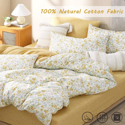 ALEISSEL 100% Natural Cotton Duvet Cover King Size 3Pcs - Yellow Duvet Cover with Pink & Green Flowers and Leaves on White,Reversible Floral Comforter Cover Sets with Button Closure(104"×90",Floral)