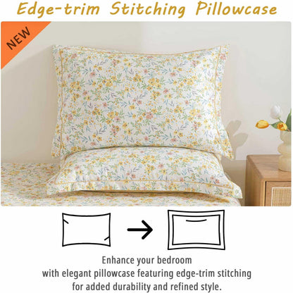 ALEISSEL 100% Natural Cotton Duvet Cover King Size 3Pcs - Yellow Duvet Cover with Pink & Green Flowers and Leaves on White,Reversible Floral Comforter Cover Sets with Button Closure(104"×90",Floral)