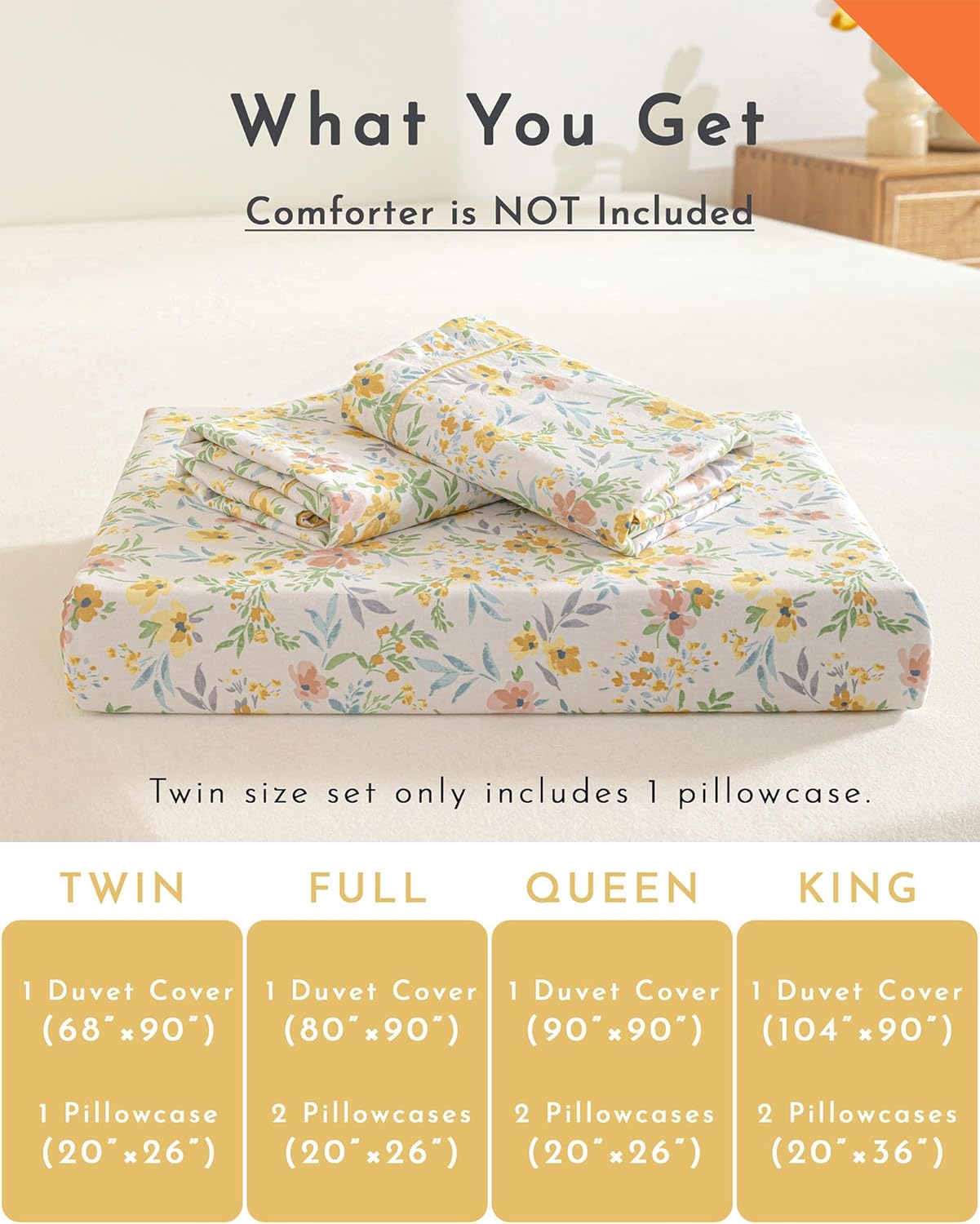 ALEISSEL 100% Natural Cotton Duvet Cover King Size 3Pcs - Yellow Duvet Cover with Pink & Green Flowers and Leaves on White,Reversible Floral Comforter Cover Sets with Button Closure(104"×90",Floral)