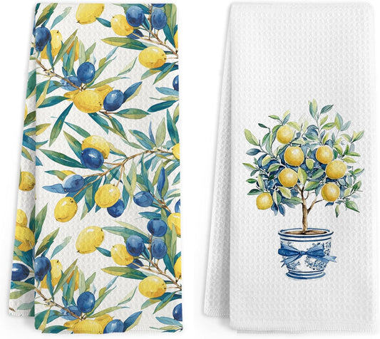 Mediterranean Lemon Kitchen Towels, Mediterranean Sicilian Lemons Hand Towels Set of 2, Lemon Kitchen Decor, Chinoiserie Blueberry Lemons Hand Dish Tea Towel for Bathroom Decor, 16x24 Inch