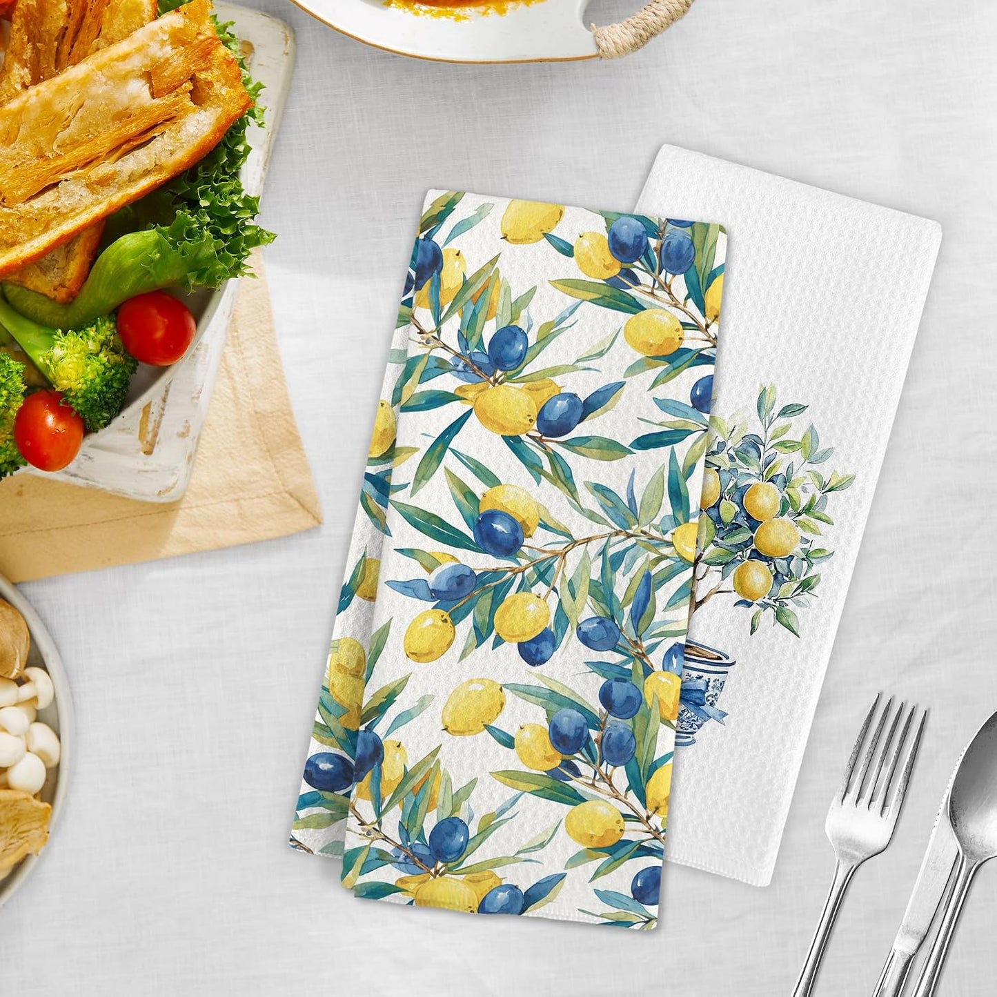 Mediterranean Lemon Kitchen Towels, Mediterranean Sicilian Lemons Hand Towels Set of 2, Lemon Kitchen Decor, Chinoiserie Blueberry Lemons Hand Dish Tea Towel for Bathroom Decor, 16x24 Inch