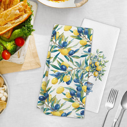 Mediterranean Lemon Kitchen Towels, Mediterranean Sicilian Lemons Hand Towels Set of 2, Lemon Kitchen Decor, Chinoiserie Blueberry Lemons Hand Dish Tea Towel for Bathroom Decor, 16x24 Inch