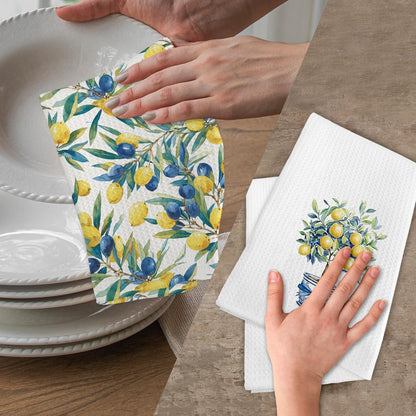 Mediterranean Lemon Kitchen Towels, Mediterranean Sicilian Lemons Hand Towels Set of 2, Lemon Kitchen Decor, Chinoiserie Blueberry Lemons Hand Dish Tea Towel for Bathroom Decor, 16x24 Inch