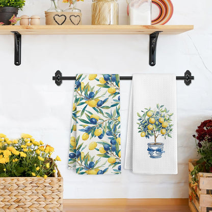Mediterranean Lemon Kitchen Towels, Mediterranean Sicilian Lemons Hand Towels Set of 2, Lemon Kitchen Decor, Chinoiserie Blueberry Lemons Hand Dish Tea Towel for Bathroom Decor, 16x24 Inch