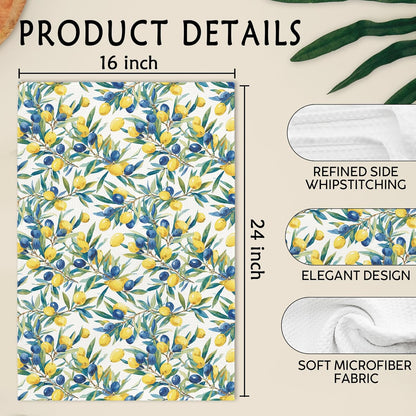 Mediterranean Lemon Kitchen Towels, Mediterranean Sicilian Lemons Hand Towels Set of 2, Lemon Kitchen Decor, Chinoiserie Blueberry Lemons Hand Dish Tea Towel for Bathroom Decor, 16x24 Inch