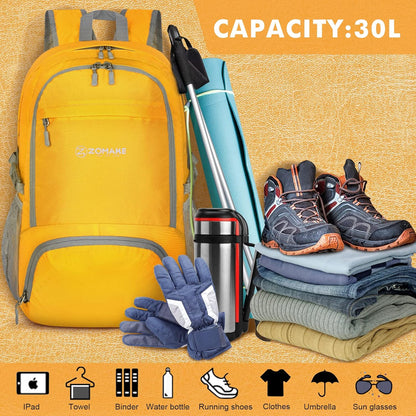 Lightweight Packable Backpack 30L, Foldable Travel Hiking Daypack | Water Resistant Collapsible Backpacks, Folding Day Pack for Outdoor Camping Sport, Everyday Carry, Multiple Pockets(Yellow)