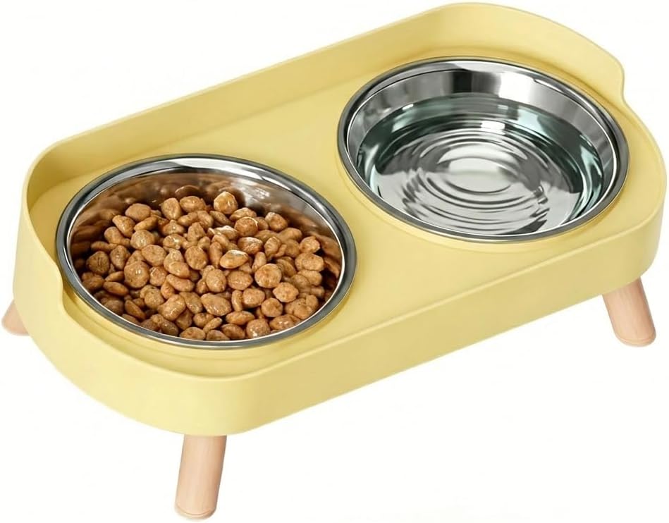 Elevated Cat Bowls, 2 Stainless Steel Raised Cat Food and Water Bowl Set, Splash Proof & Non-Slip, Whisker Fatigue Friendly, Dishwasher Safe for Cats and Small Dogs - Yellow