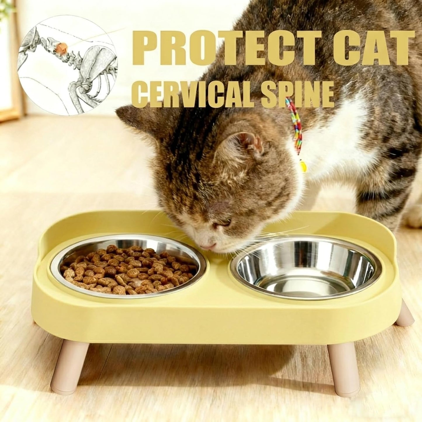 Elevated Cat Bowls, 2 Stainless Steel Raised Cat Food and Water Bowl Set, Splash Proof & Non-Slip, Whisker Fatigue Friendly, Dishwasher Safe for Cats and Small Dogs - Yellow