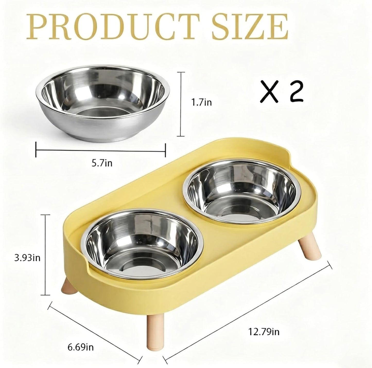 Elevated Cat Bowls, 2 Stainless Steel Raised Cat Food and Water Bowl Set, Splash Proof & Non-Slip, Whisker Fatigue Friendly, Dishwasher Safe for Cats and Small Dogs - Yellow
