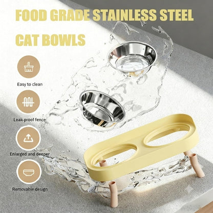 Elevated Cat Bowls, 2 Stainless Steel Raised Cat Food and Water Bowl Set, Splash Proof & Non-Slip, Whisker Fatigue Friendly, Dishwasher Safe for Cats and Small Dogs - Yellow