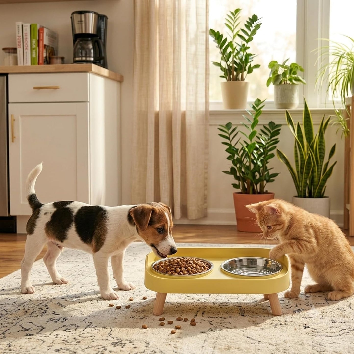Elevated Cat Bowls, 2 Stainless Steel Raised Cat Food and Water Bowl Set, Splash Proof & Non-Slip, Whisker Fatigue Friendly, Dishwasher Safe for Cats and Small Dogs - Yellow