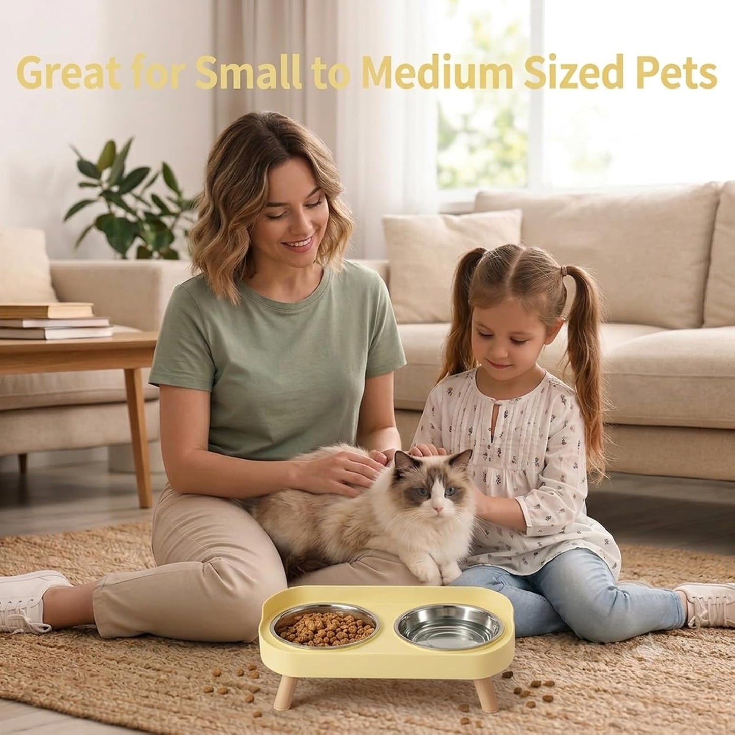 Elevated Cat Bowls, 2 Stainless Steel Raised Cat Food and Water Bowl Set, Splash Proof & Non-Slip, Whisker Fatigue Friendly, Dishwasher Safe for Cats and Small Dogs - Yellow